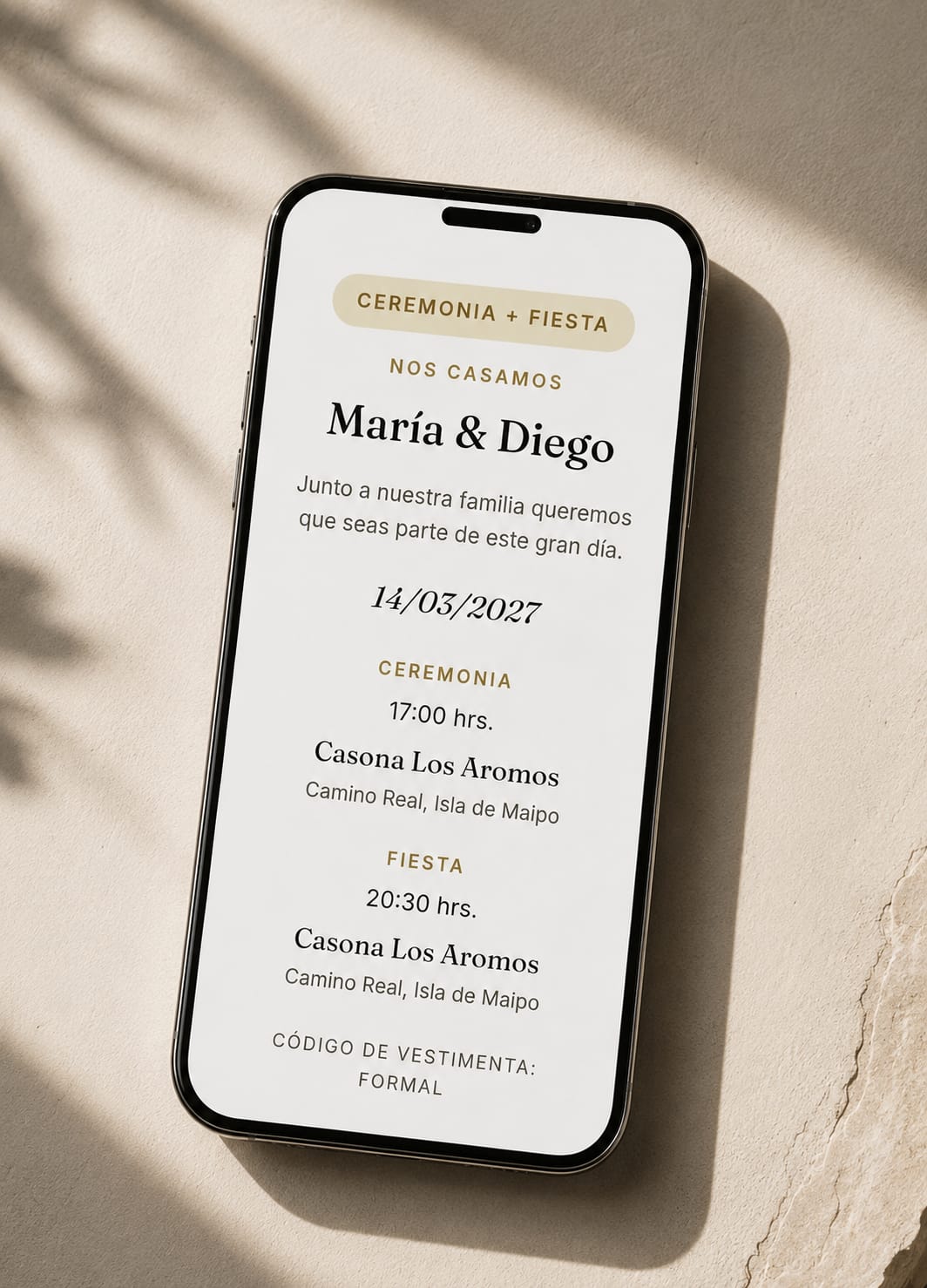 Invitación digital para invitados de ceremonia y fiesta, con detalle de horario y lugar