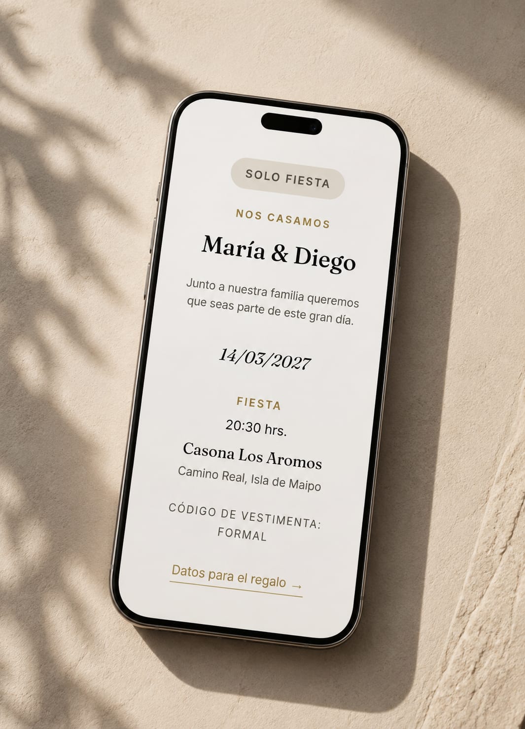 Invitación digital para invitados solo de la fiesta, con datos para el regalo